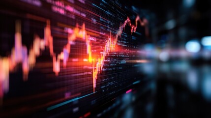 An abstract representation of a stock market graph with dynamic lines and vibrant colors symbolizing trading activity, growth, and finance trends in a technology-driven environment.