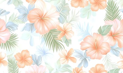 Obraz premium Hawaiian flowers and palm leaves in pastel tones for a summer mood