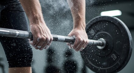 Close up of hands gripping barbell with chalk dust in air during weightlifting workout session in gym