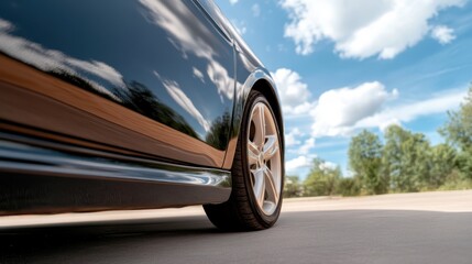This image captures a close-up view of a car’s sleek wheel, showcasing its modern design against a bright, cloud-filled sky, embodying the essence of freedom and adventure.