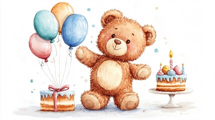 Joyful Teddy Bear Watercolor Illustration with Balloon