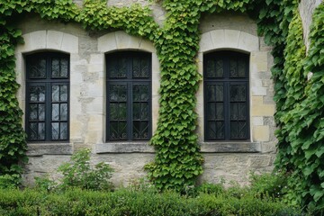 A picturesque stone wall is beautifully draped in vibrant green ivy, featuring elegant arches with dark windows, all set within a tranquil garden landscape bathed in daylight