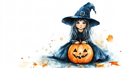 Fototapeta premium Enchanting Watercolor Illustration of Little Sweet Girl Witch