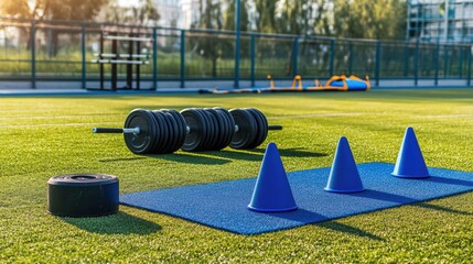 Athletic field with cones, hurdles, and resistance sleds prepared for speed training
