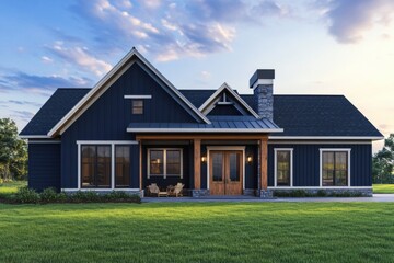 Obraz premium Experience the charm of modern farmhouse design, featuring striking dark siding and elegant stone accents, all set against a tranquil landscape illuminated by the soft glow of dusk under a clear sky
