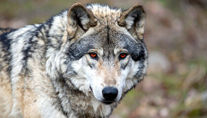 Fototapeta premium Alpha wolf with striking red eyes