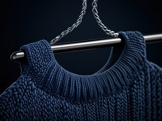 Close-up of a dark navy blue knitted sweater