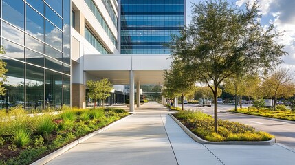A contemporary hospital building with a mix of glass and white concrete, the entrance highlighted by bright signage and landscaped greenery, promoting a sense of care and professionalism 