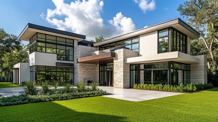 A contemporary house with large roof skylights, its sleek lines and neutral tones blending beautifully with the surrounding green grass, creating a tranquil and inviting atmosphere 