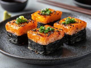 Delicious Pan-Seared Salmon Sushi Cubes with Sesame Seeds and Green Onions