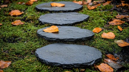 A Pathway of Gray Stones Through Moss