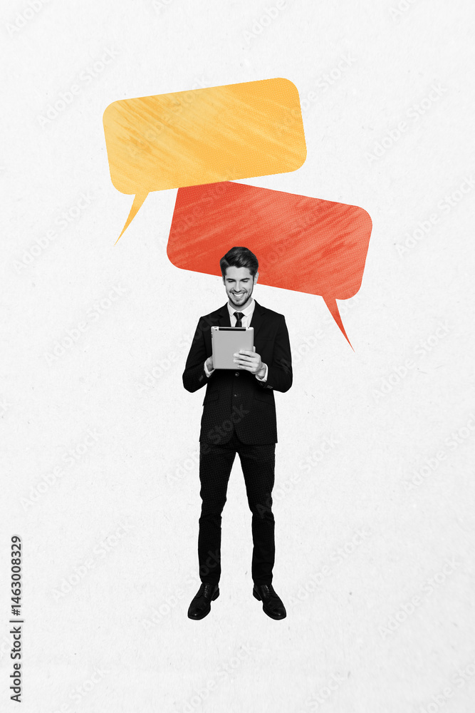 Poster vertical sketch 3d collage poster of happy guy type tablet stand communication speech bubble chatter