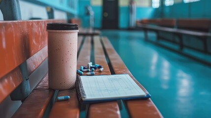Close-up of protein shake, supplements, and training journal on locker room bench