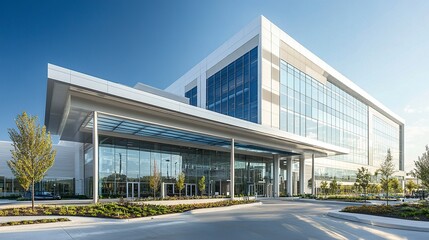 A cutting-edge hospital with reflective glass and smooth white panels, its clean lines and spacious entrance creating a sense of openness and efficiency