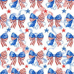 Watercolor Seamless pattern including national American symbol. Holiday bows in the colors of the American flag. Independence Day illustration. 4th of July pattern.