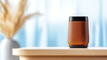Stylish wooden cup on a table with a soft background showcasing a cozy indoor setting