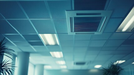 Fototapeta premium A detailed look at the suspended ceiling grid of a modern office, tiles partially installed and exposed ductwork visible, showcasing the construction process 