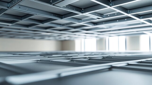A detailed view of a suspended ceiling grid in progress, clean metal tracks supporting newly placed ceiling tiles, emphasizing precision in modern construction 