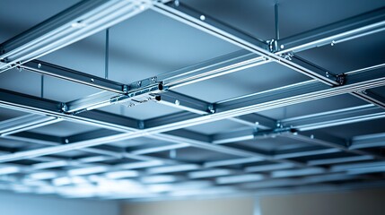 Obraz premium A detailed view of a suspended ceiling grid in progress, clean metal tracks supporting newly placed ceiling tiles, emphasizing precision in modern construction 