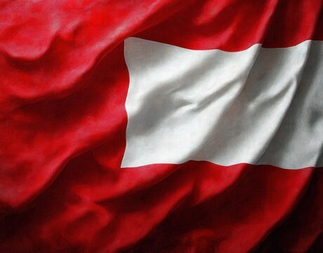 Close-up view of a red flag with a large white horizontal rectangle in the center, showing flowing fabric texture and shadows