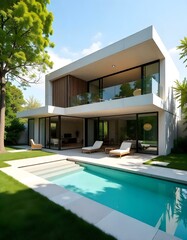 Fototapeta premium Modern minimalist house with concrete walls and glass windows, surrounded by a garden with a small pool, bright sunlight
