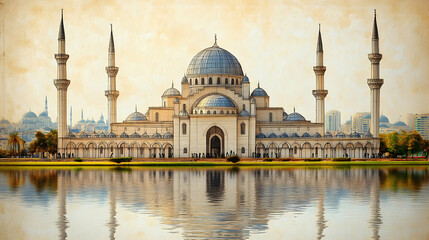 Naklejka premium Grand mosque reflected in a calm lake