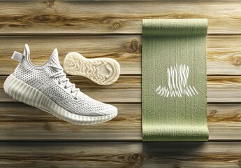 White athletic shoe and exercise mat on a light wood surface.  The shoe is light, breathable, and floats above the wooden planks.  A sage green exercise mat with an abstract design sits to the right