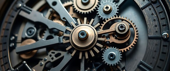 close up of a clock face with gears