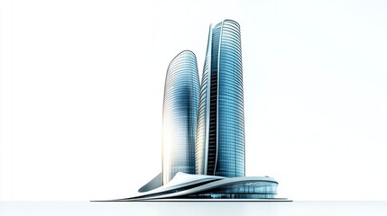 A futuristic office high-rise with sleek architectural features, its smooth glass exterior and clean lines isolated on a white background, symbolizing corporate success 