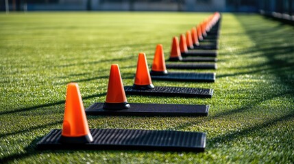 Speed ladder and cones laid out on turf for athlete agility drills in a professional training zone