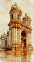 Obraz premium Grand, ornate church with two towers, reflecting in a pool of amber liquid