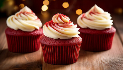 close up of three red velvet cupcakes with buttercream icing on a wooden table