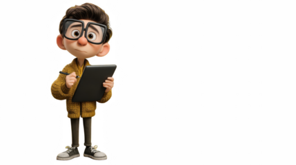 Adorable cartoon boy character using digital tablet for drawing and design on transparent background