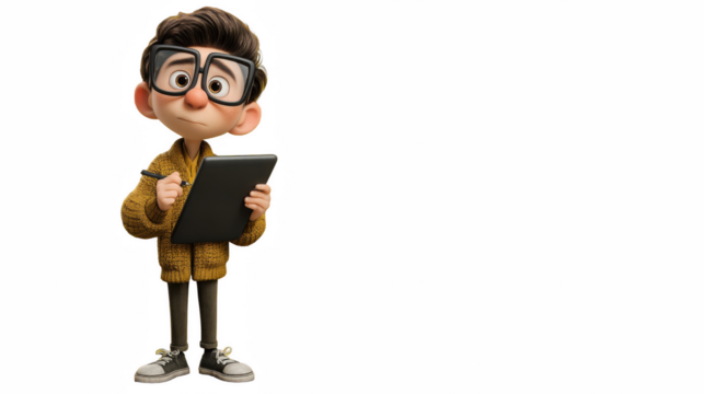 Adorable cartoon boy character using digital tablet for drawing and design on transparent background