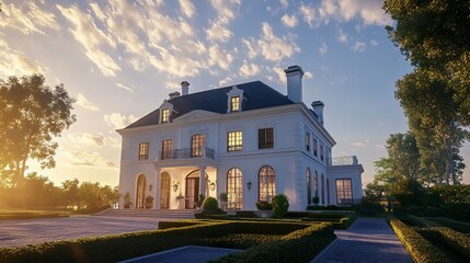 A large white house with a bold black tiled roof, set against a backdrop of a clear blue sky with scattered clouds, radiating sophistication and charm 