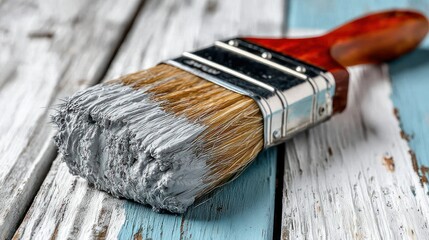 Grey paint on brush, textured wooden surface backdrop