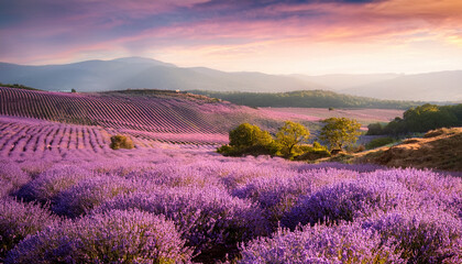 Obraz premium rolling hills covered in vibrant lavender fields under a soft pastel sky a sense of tranquility and natural beauty captured