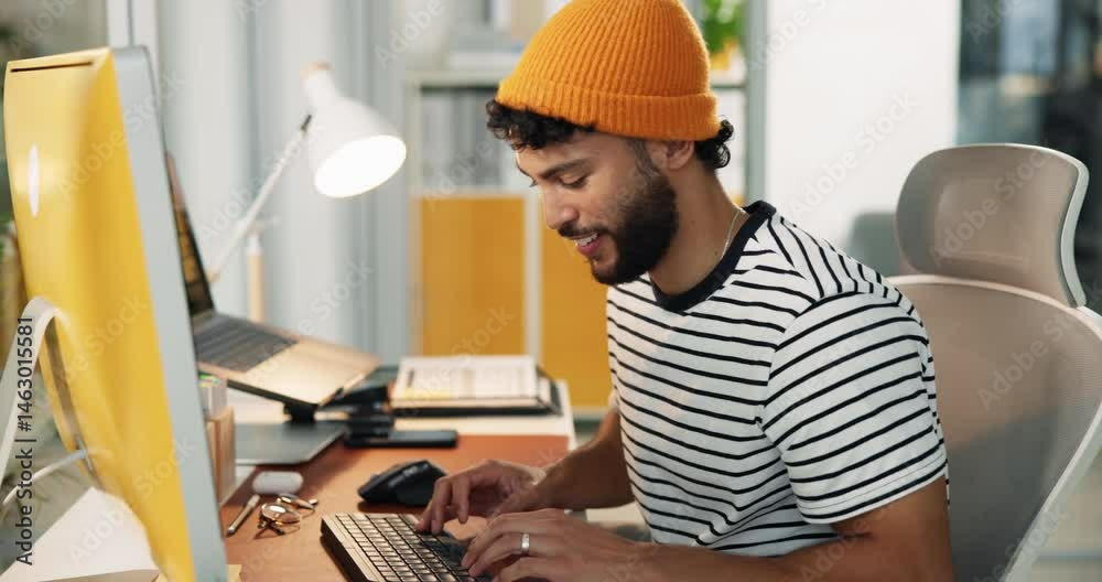 Poster Man, creative and typing at computer with smile, digital animator and software for design at desk. Productivity, happiness and keyboard with visual effects or animation process at startup workplace