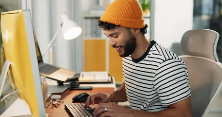 Man, creative and typing at computer with smile, digital animator and software for design at desk. Productivity, happiness and keyboard with visual effects or animation process at startup workplace - Powered by Adobe