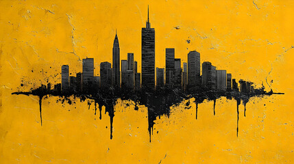 Abstract cityscape silhouette on a textured yellow background