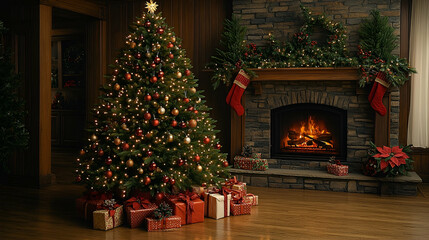 Christmas Tree and Fireplace in Rustic Cabin Interior