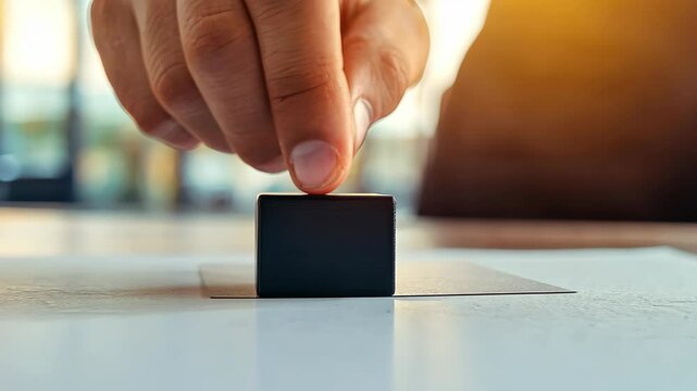 Meticulous Placement: A close-up shot captures a hand carefully positioning a small, minimalist black cube on a clean surface, highlighting precision and focus.