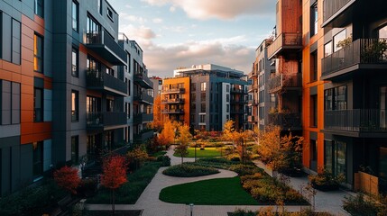 A modern apartment complex designed for affordability, featuring shared green spaces and community amenities, symbolizing progress in providing equitable housing solutions to reduce poverty 