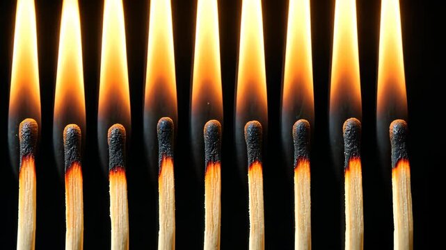 Incandescent Flame's Lineup: A captivating tableau of a line of lit matches illuminating the darkness, their fiery dance casting a warm and evocative glow.