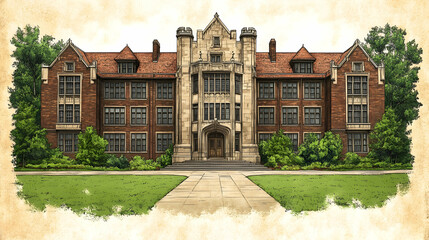 Historic college building, detailed illustration