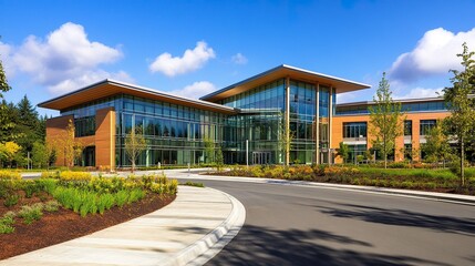A modern healthcare facility with a polished exterior, combining glass and steel elements, surrounded by a neatly landscaped area for a calming environment 