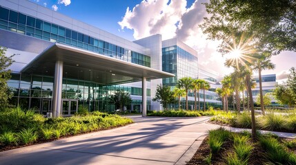 A modern hospital building with a sleek glass facade, clean white walls, and a welcoming entrance surrounded by landscaped greenery, symbolizing care and innovation 