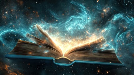 Obraz premium Open Book Glowing Amidst Cosmic Nebula Illustration, Book of Knowledge