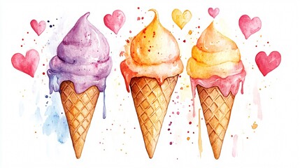Creative Watercolor Ice Cream Cone Illustration for Design Projects