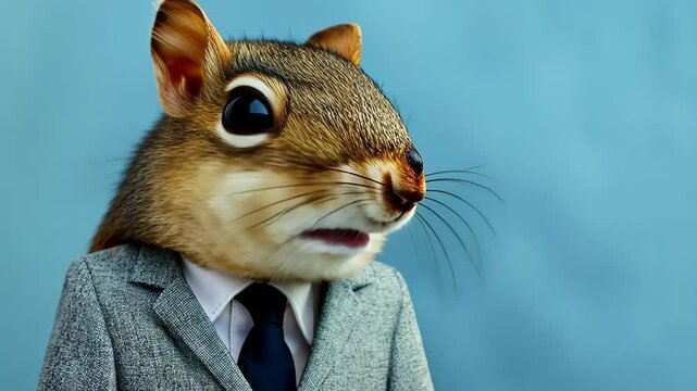 Squirrel Dressed in Suit: A comical image of a squirrel wearing a suit, with a thoughtful expression, playfully merging the wild with the professional world. 